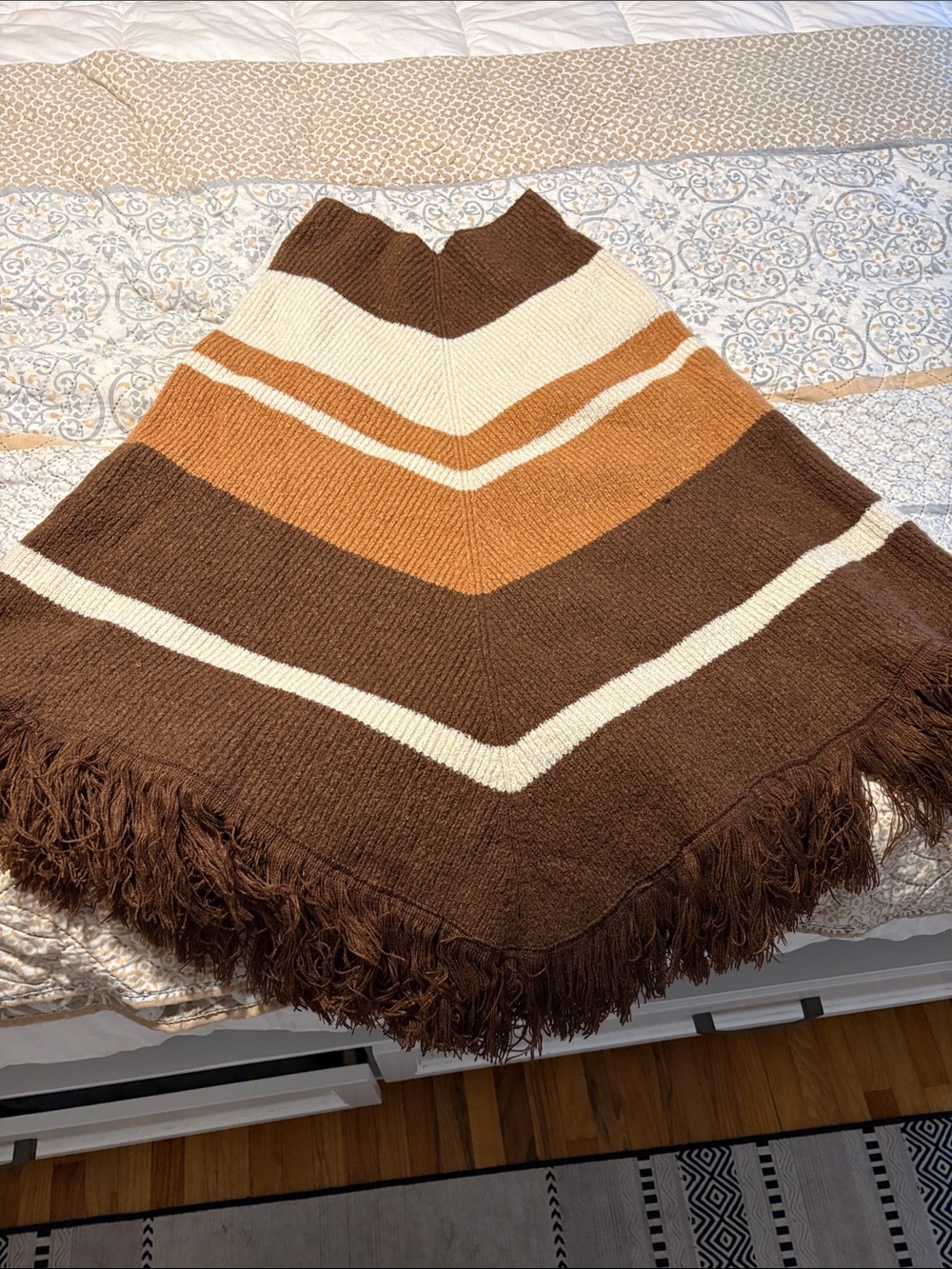 aerie Brown, Cream & Tan Striped Fringe Knit Poncho